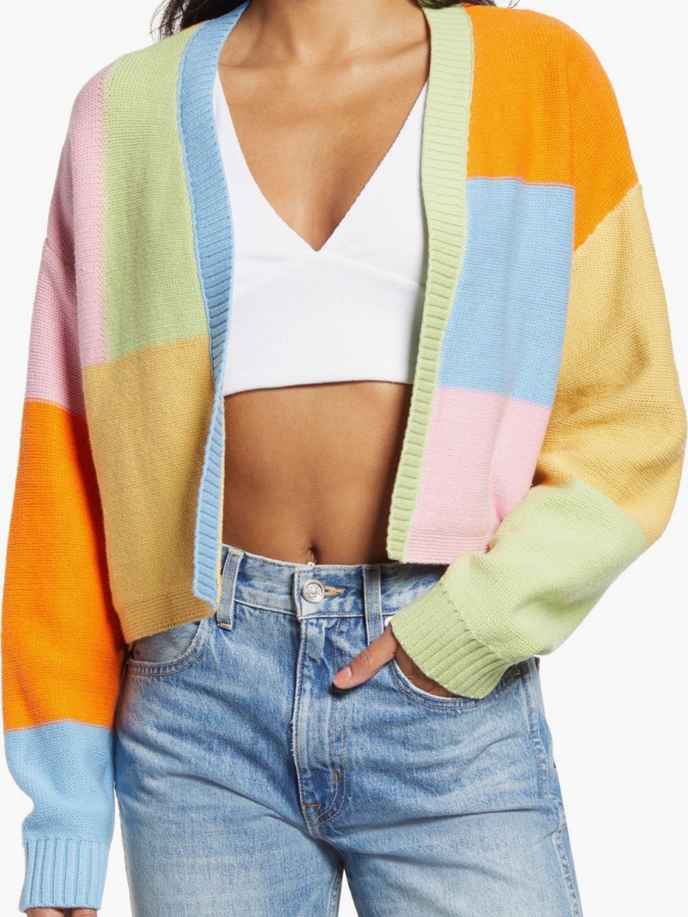 PacSun Multicolor Pastel Colorblock Cropped Open-Front Cardigan